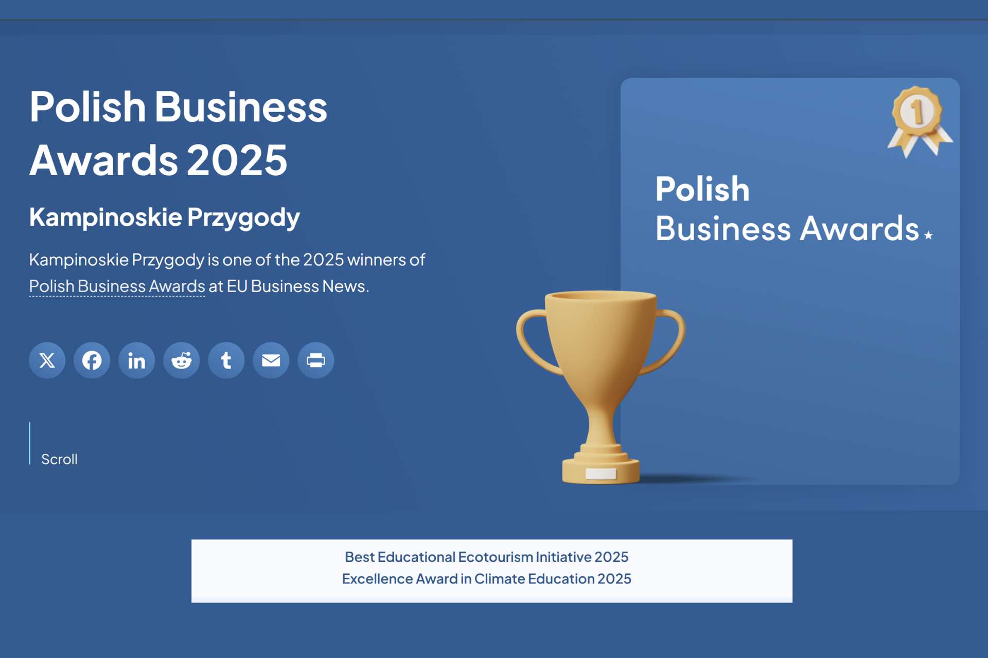 Zespół Kampinoskie Przygody z nagrodą Polish Business Awards 2025 za najlepszą edukacyjną inicjatywę ekoturystyczną i edukację klimatyczną.