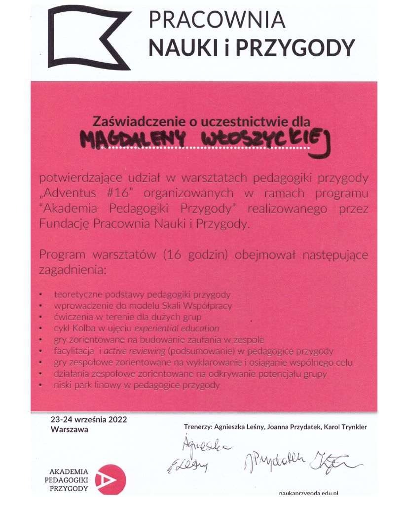 Certyfikat Adventus – warsztaty pedagogiki przygody