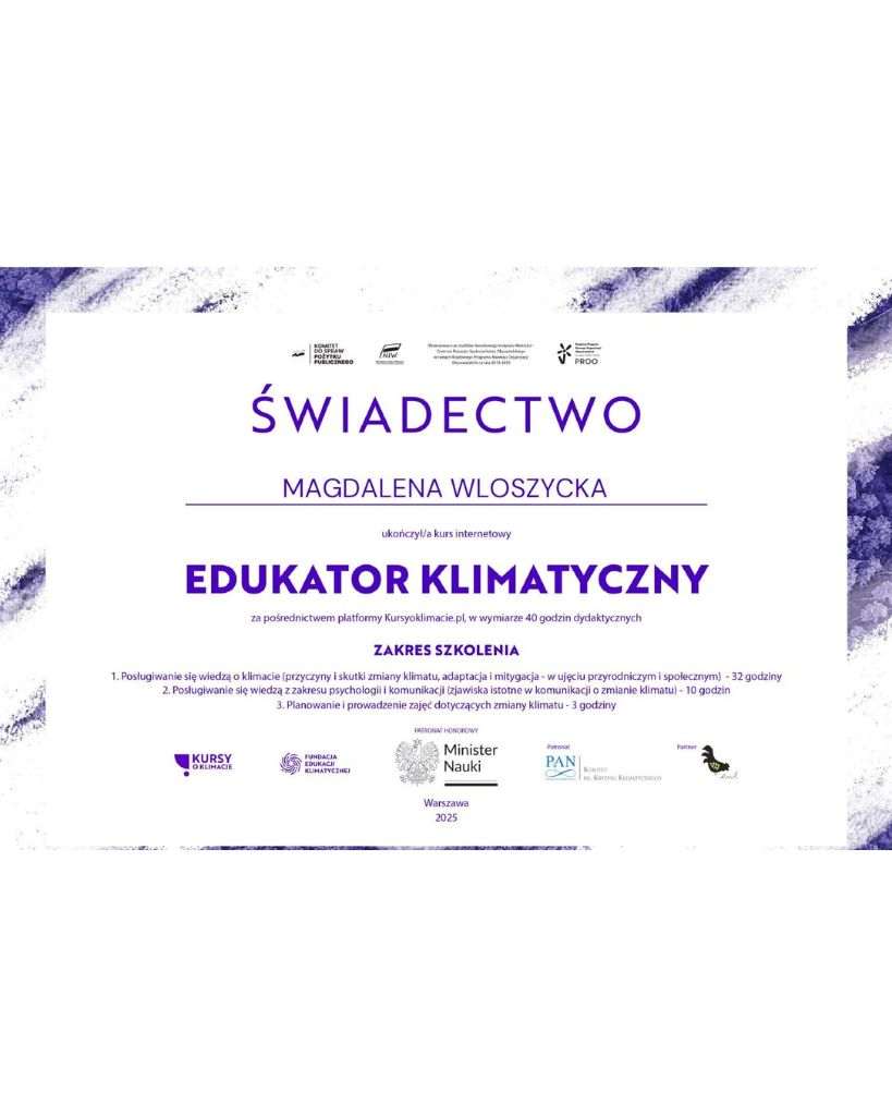 Certyfikat edukatora klimatycznego Ministerstwa Nauki i Fundacji Edukacji Klimatycznej