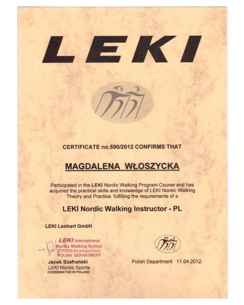 Certyfikat instruktora Nordic Walking Magdaleny Włoszyckiej