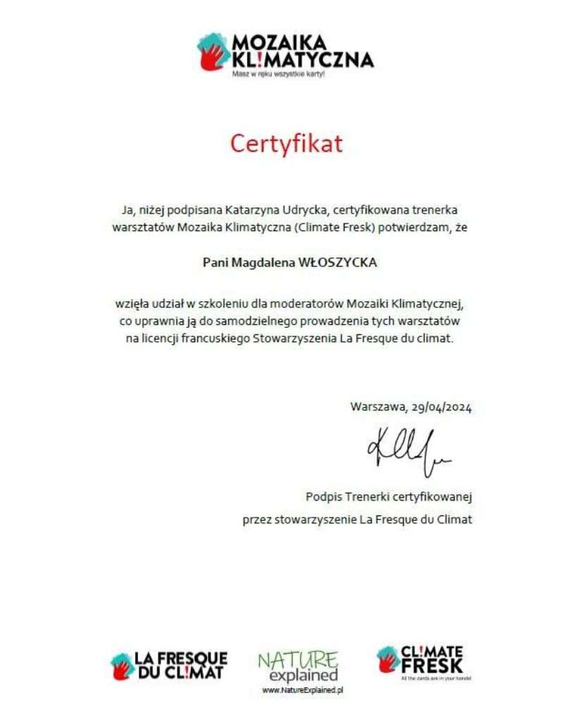 Certyfikat moderatora Mozaiki Klimatycznej