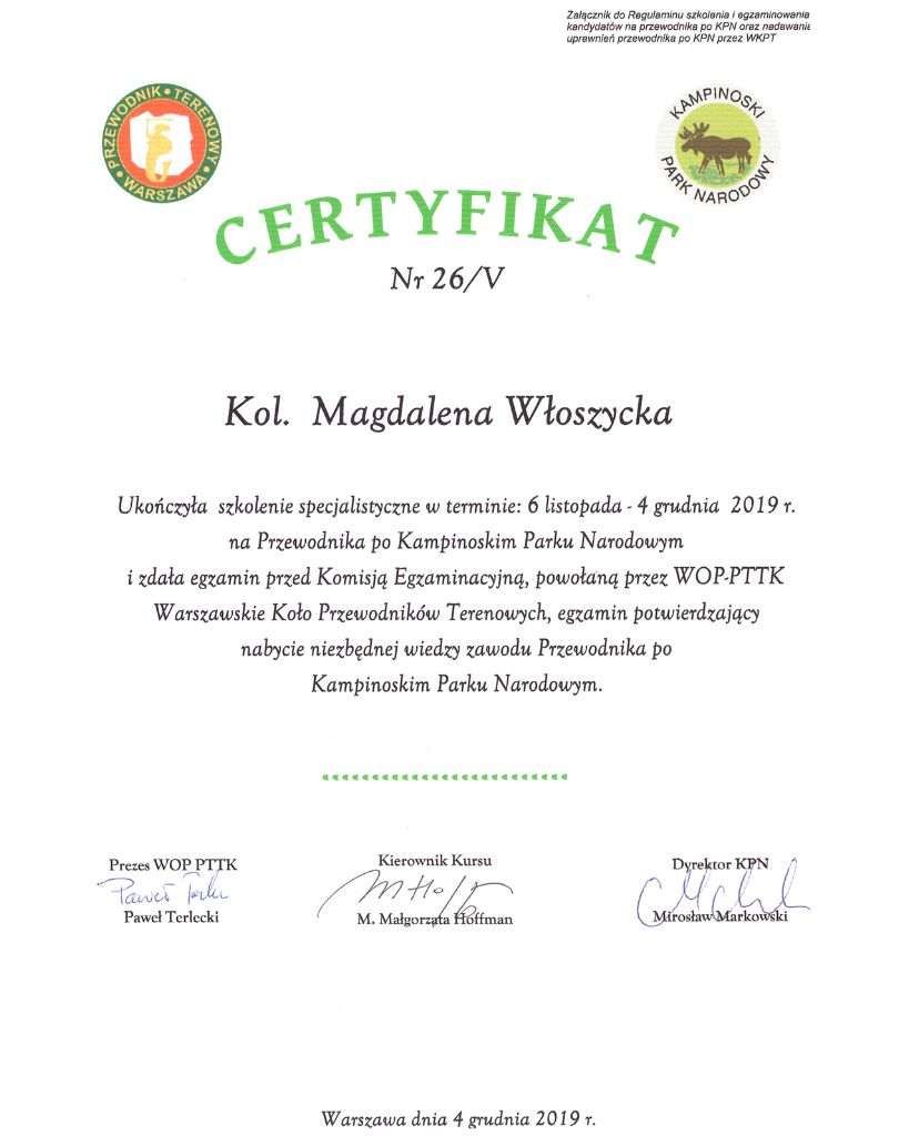 Certyfikat przewodnika po Kampinoskim Parku Narodowym – Magdalena Włoszycka