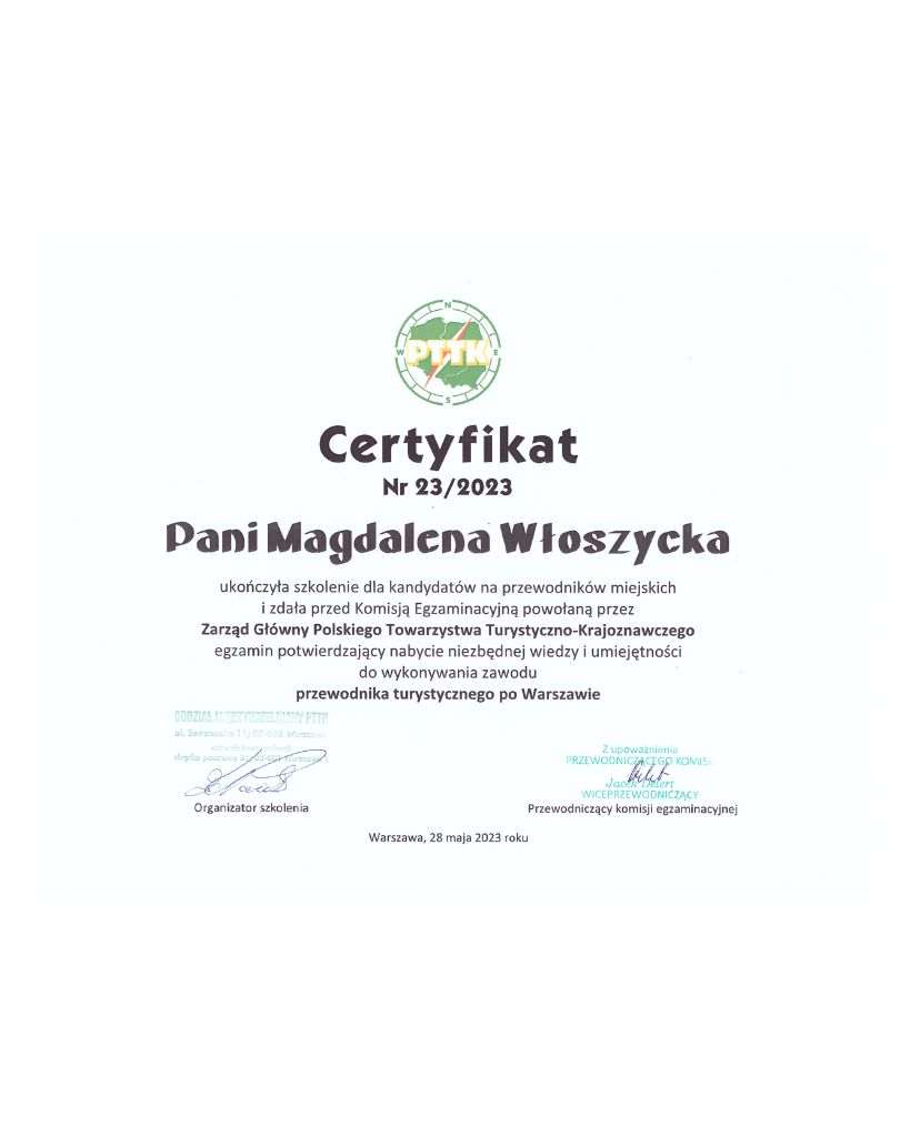 Certyfikat przewodnika po Warszawie – Magdalena Włoszycka