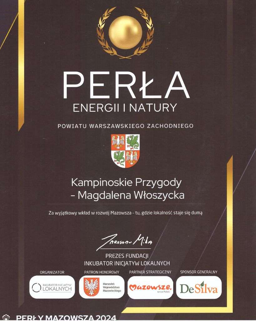 Certyfikat Perła Mazowsza 2024 za edukację klimatyczną w Kampinoskim Parku Narodowym