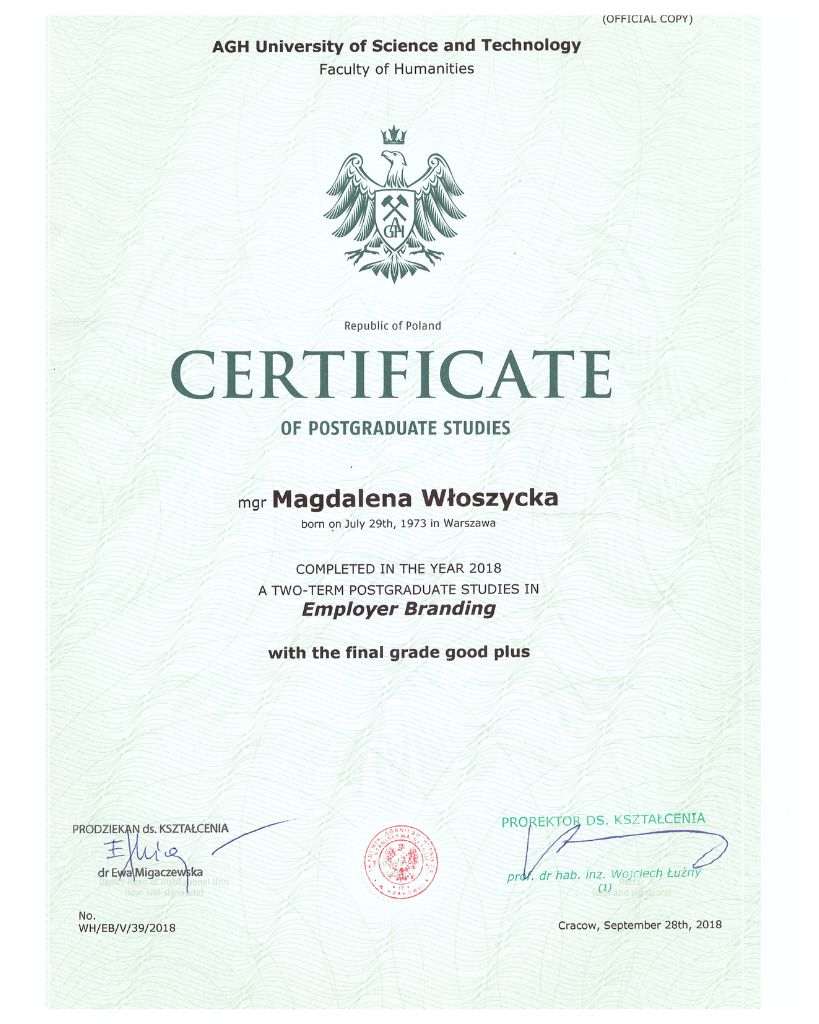 Certyfikat ukończenia studiów podyplomowych Employer Branding na AGH